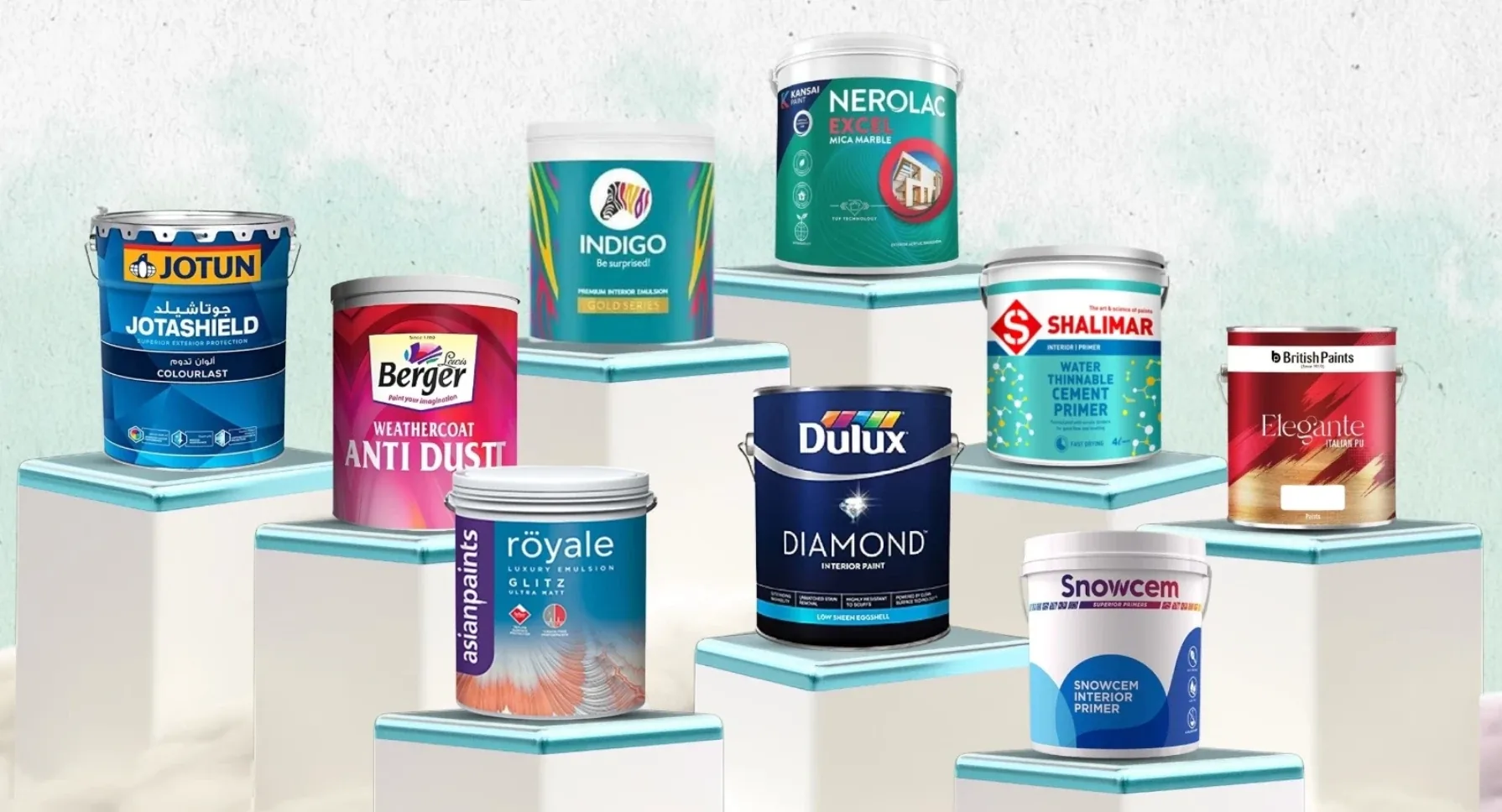 Paint tins from brands sold in India on display stands: Jotun, Berger, Indigo, Kansai Nerolac, Asian Paints, Dulux, Shalimar, British Paints and Snowcem