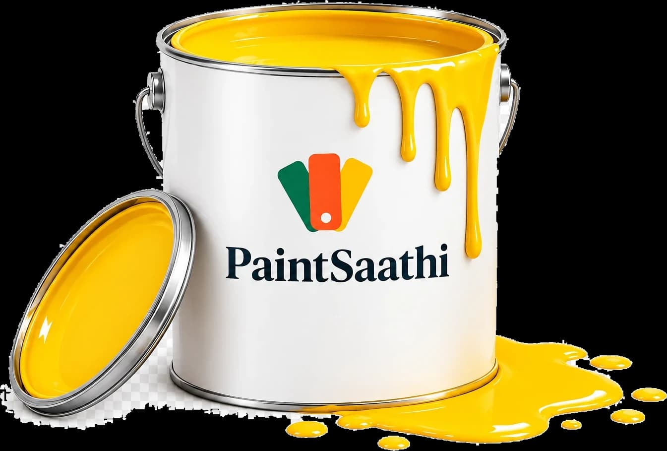 Open Paint Saathi paint can with yellow paint dripping down its side and its lid beside it