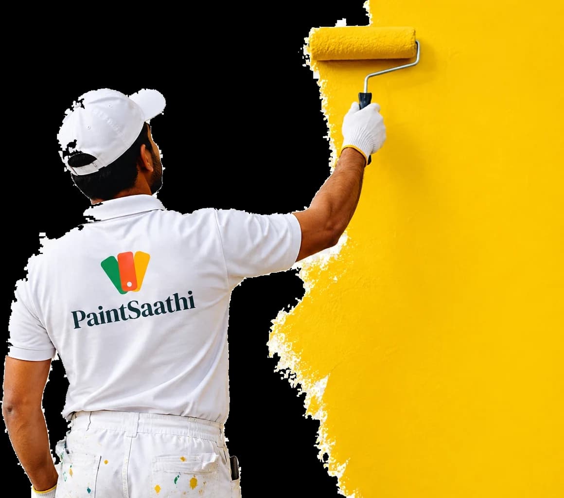 Paint Saathi painter in a white branded uniform and cap rolling yellow paint onto a wall