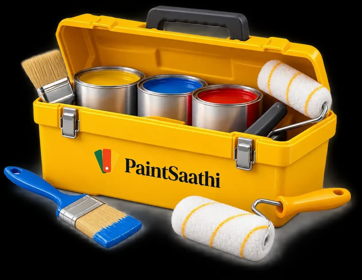 Yellow Paint Saathi toolbox holding tins of paint, with brushes and rollers beside it